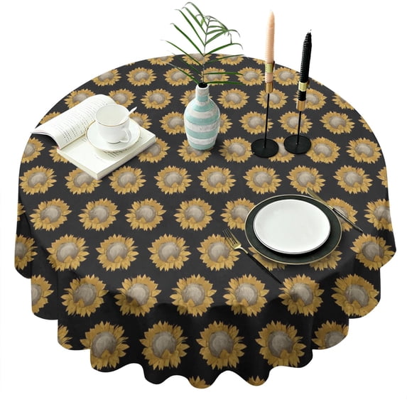 Black Yellow Sunflower Pattern Round Tablecloth 60"x60",Wrinkle Wipeable Table Cloth for Kitchen Dining Room Picnic Patio Party