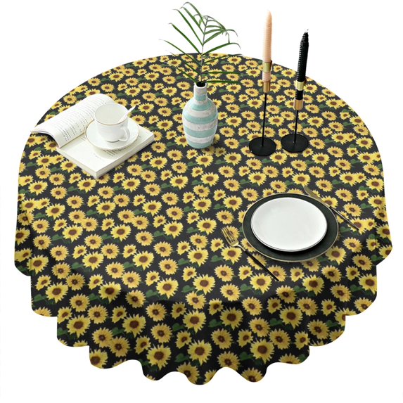 Black Yellow Sunflower Pattern Round Tablecloth 60"x60",Wrinkle Wipeable Table Cloth for Kitchen Dining Room Picnic Patio Party