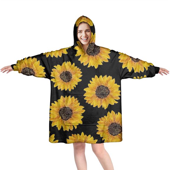 Black Yellow Sunflower Pattern Wearable Oversized Blanket,Wearable Blanket Hoodie for Adults,Cozy Hooded Blankets with Super Pockets,Super Warm Fuzzy Pullover for Women & Men