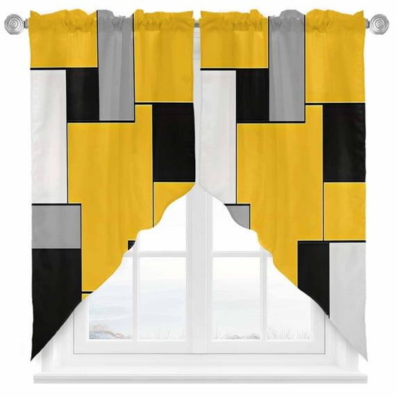 Black Yellow Swag Curtain Valance for Windows, Geometric Abstract Color Block Contemporary Window Treatments Short Swag Topper for Kitchen Windows Bathroom Bedroom, 36"x63"