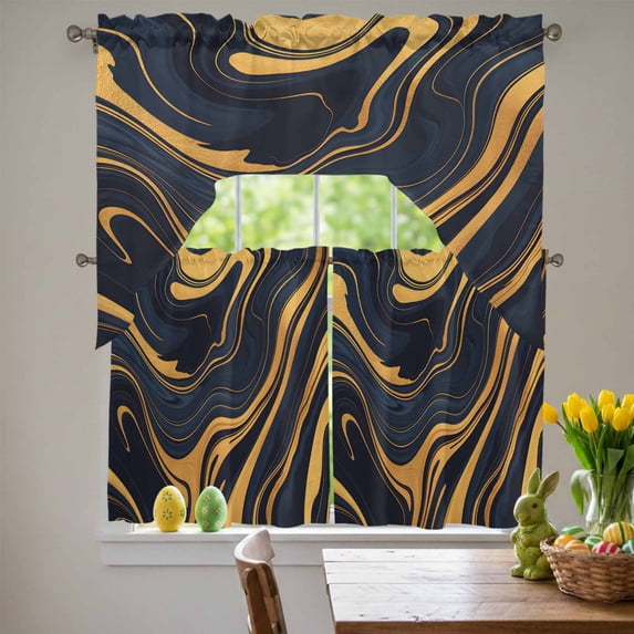 Black Yellow Swag Curtains Valance & Tier Set, Fluid Texture Abstract ...