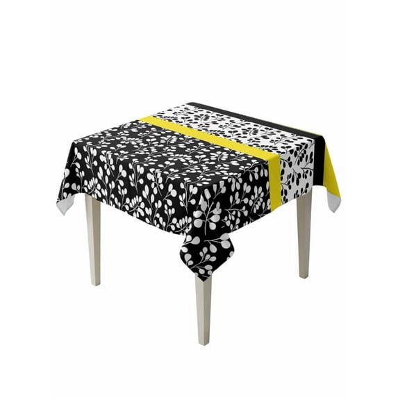 Black Yellow Table Cloth, Garden Floral Stripe Aesthetic Flower Boho Waterproof Tablecloth for Square Tables, Reusable Washable Fabric Table Cover for Restaurant Kitchen Dining Tables 60"x60"
