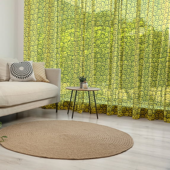 Black and Yellow Tulle Curtains with Rod Pocket, Cheerful Cartoon Style Circular Faces Smiling Happy Mood Expression, Sheer Drape for Wedding Party 2 Panels, 7 Sizes, Yellow and Black, by Ambesonne