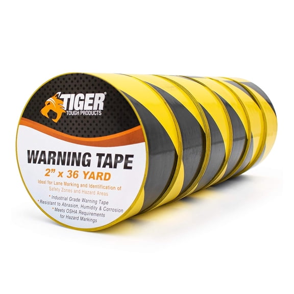 Black & Yellow Warning Tape Highly Visible, Conformable, Tear & Weather Resistant for Lane Markings, Safety Zones & Hazard Areas, 2 Inches x 36 Yards, 6 Rolls