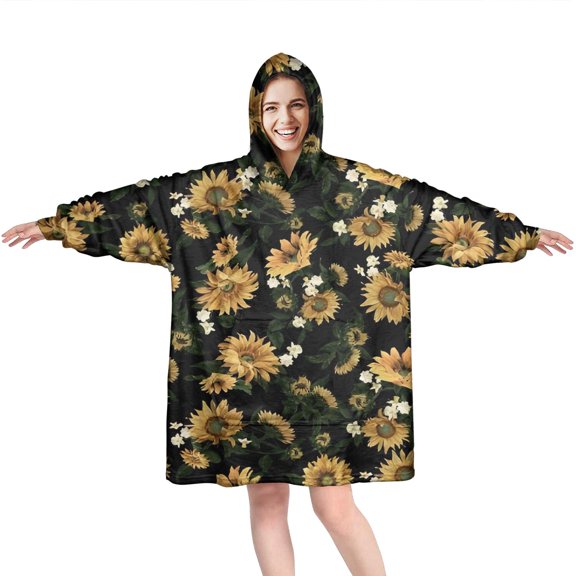 Black Yellow White Flower Sunflower Pattern Wearable Oversized Blanket,Wearable Blanket Hoodie for Adults,Cozy Hooded Blankets with Super Pockets,Super Warm Fuzzy Pullover for Women & Men
