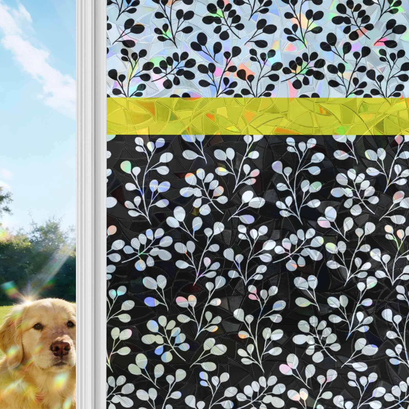 Black Yellow Window Privacy Film Stain Glass,Reusable Decorative Rainbow Window Film,Garden Floral Stripe Aesthetic Flower Boho Static Cling Sun Blocking Stickers Decals Covers 23.6" x 59" (2pcs)