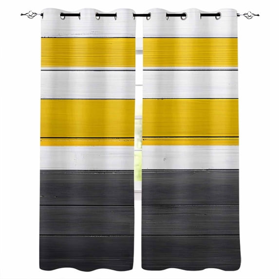 Black Yellow Wooden Blackout Curtains for Bedroom/Living Room, Thermal Insulated Kitchen Curtains, White Hardwood Plank Board Rural Grommet Darkening Window Treatment Drapes 42"x84"x2