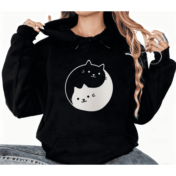 Black Yin Yang Cat Graphic Sweatshirt Print hoodie Black S-2XL Cotton Casual Pet Daily Tops