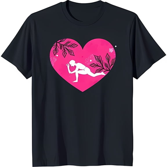 Black Yoga T-Shirt with Pink Heart Graphic & Nature Motifs Women's Fitness Tee