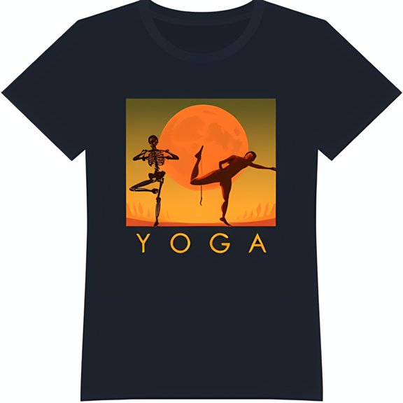 Black Yoga T-Shirt with Skeleton and Yoga Poses Design Under Red Moon