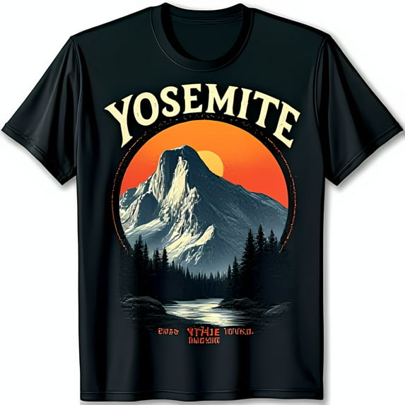 Black Yosemite T-Shirt with Stunning Mountain Range and Sunset Design