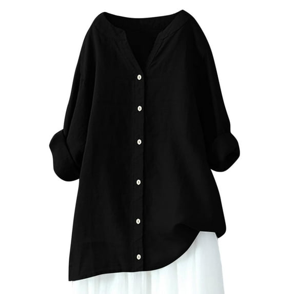 Black Young Adult Tops Muslin Blouse Women's Elegant Plain T Shirt V Neck Linen Blouse with Buttons Summer Cotton Linen Shirts Oversize Tops Linen Long Shirt Plus Size Tops for Women