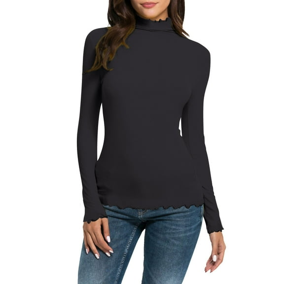 Black Young Adult Tops Women Casual Solid Long Sleeve Mock Turtleneck Blouse Tops Slim Fit Stretchy Layer Tee Shirts Plus Size Tops for Women