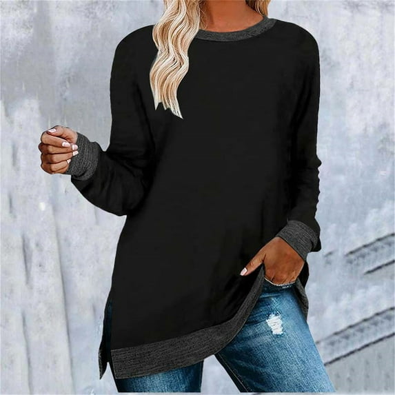 Black Young Adult Tops Women's Clothing Long Sleeve Round Neck Split Top Loose Casual Pullover Top Shirt Plus Size Tops for Women