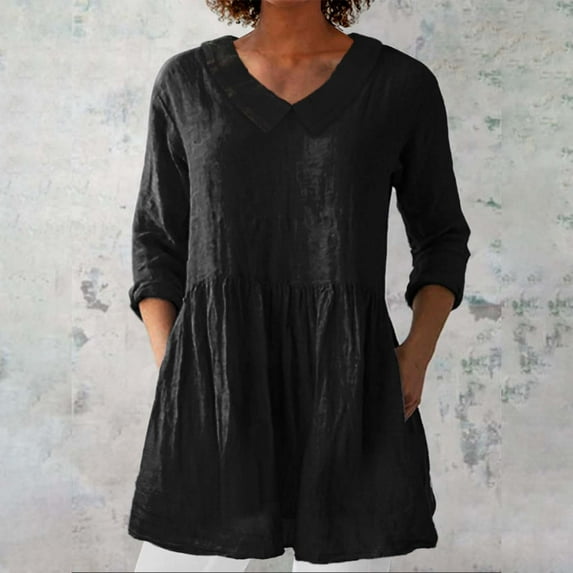 Black Young Adult Tops Women's Fashionable and Casual Solid Color Cotton Linen Doll Collar Long Sleeve Loose Top T Shirt Going Out Tops for Women