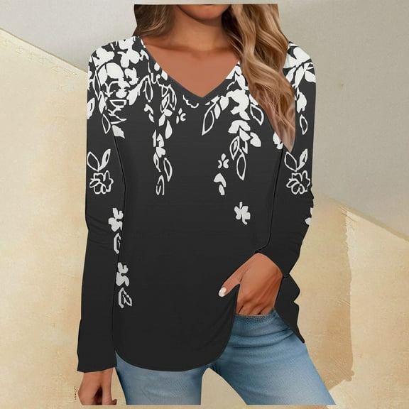 Black Young Adult Tops Women's Spring/Summer Printed V Neck T Shirt Base Top Long Sleeve T Shirt Plus Size Tops for Women