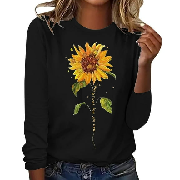 Black Young Adult Tops Women's Sunflower Graphic T Shirt Long Sleeve Crewneck Pullover Tops Cute Casual Cotton Tee Tops Loose Blouses Plus Size Tops for Women
