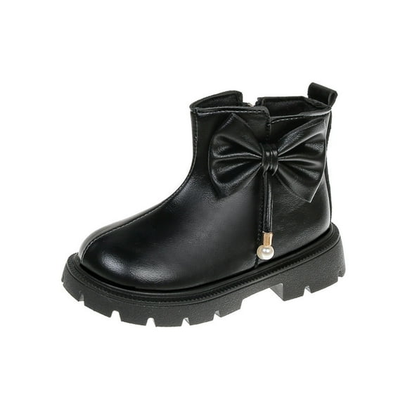 Black Youth Chic Boots With Easy Zip And Bow Embellishment, Crafted From Durable Synthetic Leather
