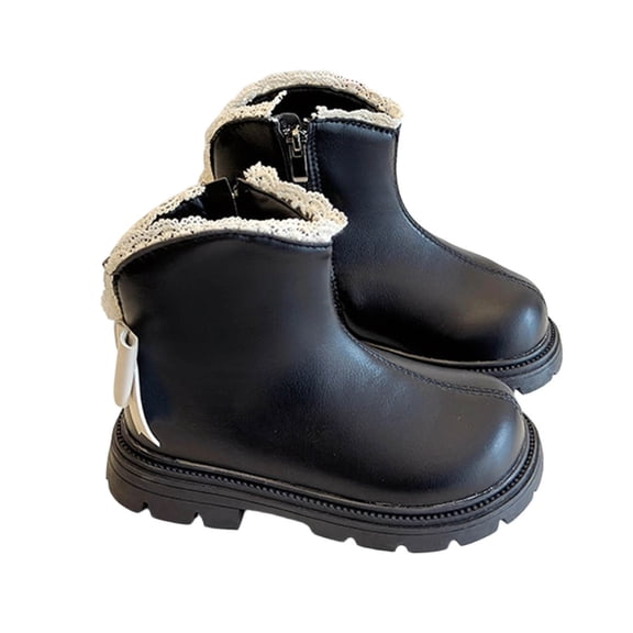 Black Youth Winter Boots With Faux Leather Exterior And Durable Rubber Outsole, Ideal For Everyday Wear And Outdoor Fun