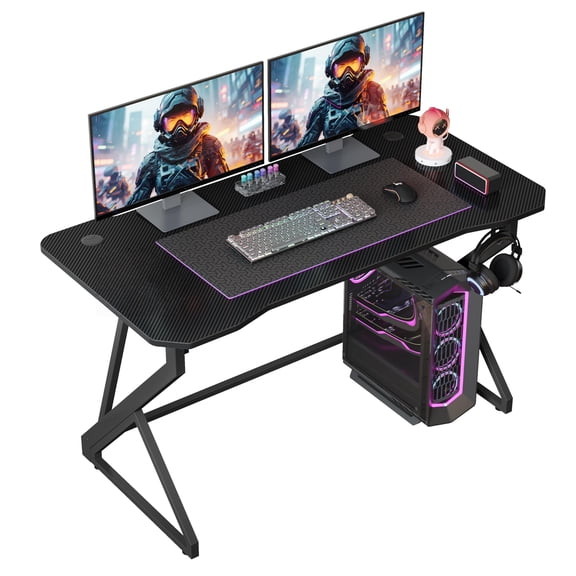 Black Z-Shaped Gaming Desk 40 Inch Carbon Fiber Surface PC Workstation With Headphone Hook
