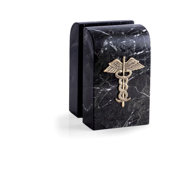 Black "Zebra" Marble Bookends with Antique Gold Plated "Medical" Emblem.