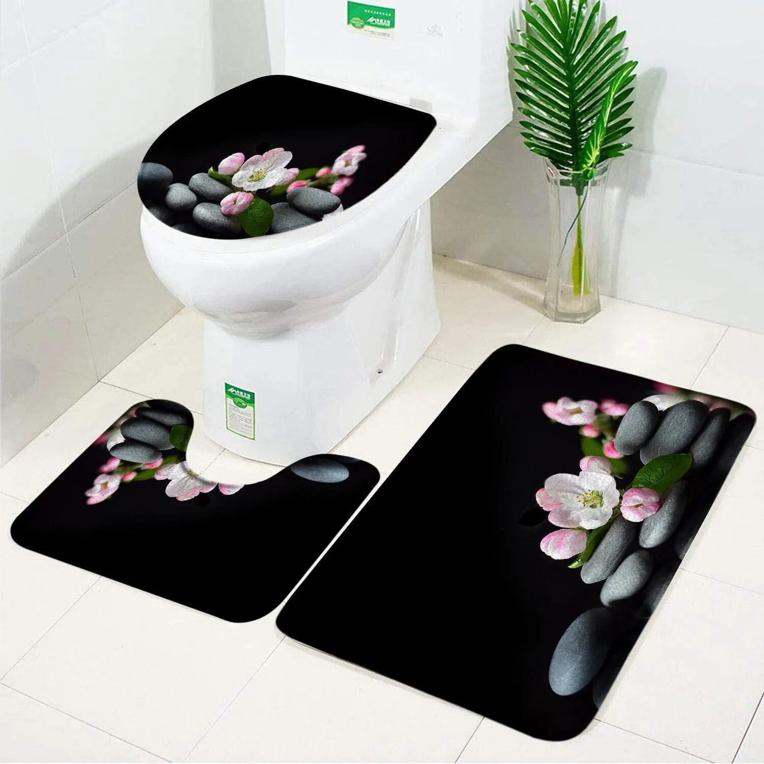 Black Zen Stone Flower 3pcs Set Bath Mat Orchid Flora Spa Decor Anti ...