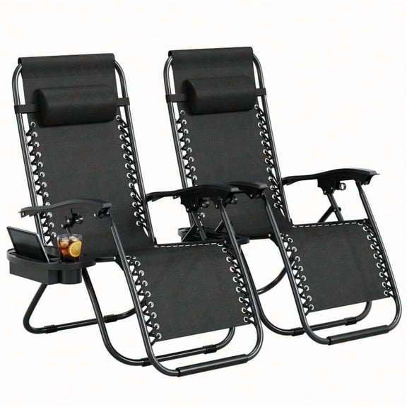 Black Zero-Gravity Reclining Lounge Chairs With Side Tray And Adjustable