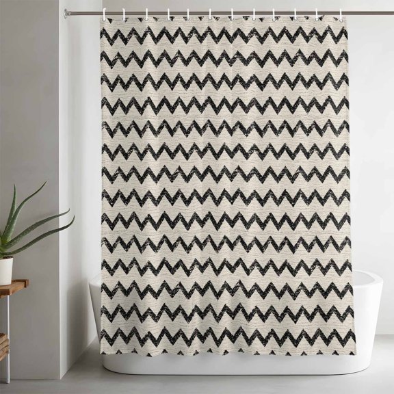 Black Zigzag Line Bathroom Shower Curtain, Chevron Stripe Tribal Pattern Shabby Chic Farmhouse Waterproof Washable Soft Bath Curtain for Bathtub Decor with 12 Hooks&Grommet, 36x72in