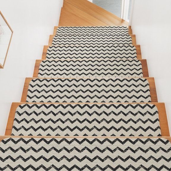 Black Zigzag Line Stair Treads Non Slip for Steps Chevron Stripe Tribal Pattern Shabby Chic Farmhouse 7 Pcs Reusable Adhesive Stair Runner Mats for Pet Elders Carpet Treads Rugs for Staircase 8x30 In
