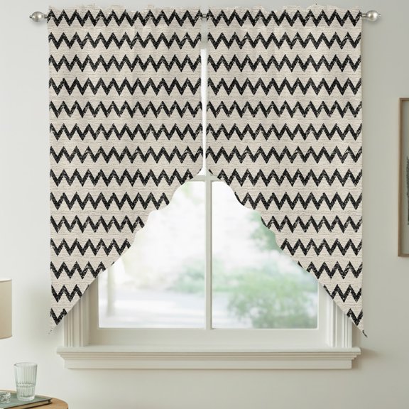 Black Zigzag Line Swag Kitchen Curtain Valances, Chevron Stripe Tribal Pattern Shabby Chic Farmhouse Rod Pocket Curtains Window Treatment Decor Valances for Bedroom Bathroom, 2 Panels 36 x 63 Inch