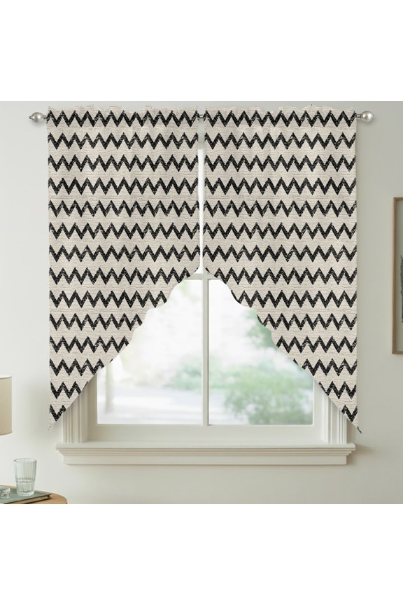 Black Zigzag Line Swag Kitchen Curtain Valances, Chevron Stripe Tribal Pattern Shabby Chic Farmhouse Rod Pocket Curtains Window Treatment Decor Valances for Bedroom Bathroom, 2 Panels 28 x 36 Inch