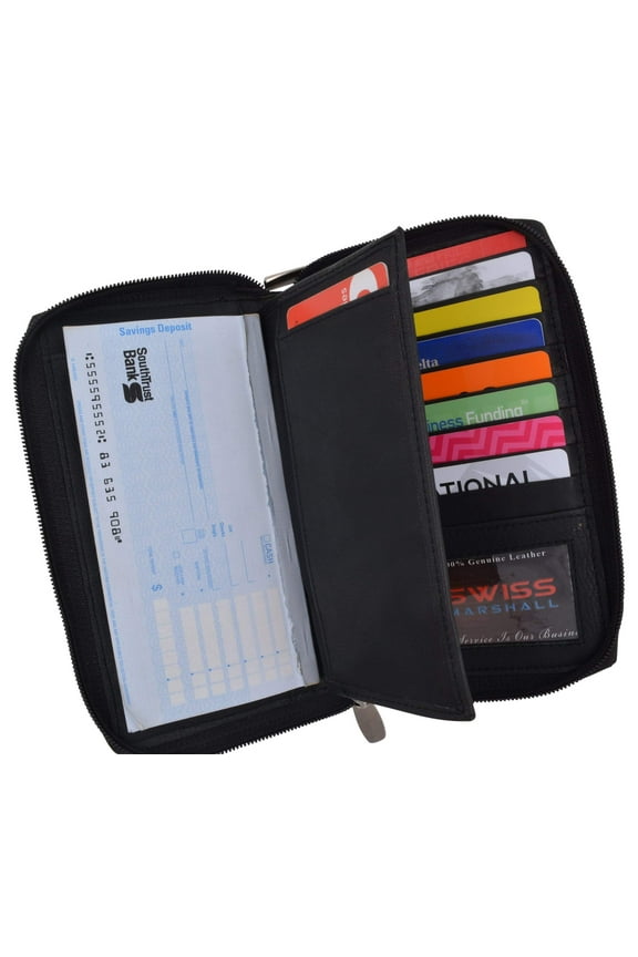 Black Zip Around Genuine Leather Checkbook Credit Card ID Holder Wallet