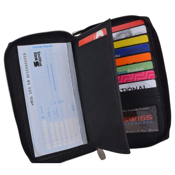 Black Zip Around Genuine Leather Checkbook Credit Card ID Holder Wallet