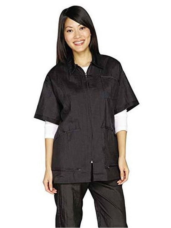 Black Zip Front Grooming Jackets - Short Sleeve Barber Stylist Groomer's Apparel(Large Black)