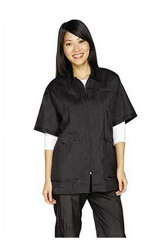 Black Zip Front Grooming Jackets - Short Sleeve Barber Stylist Groomer's Apparel(Medium Black)