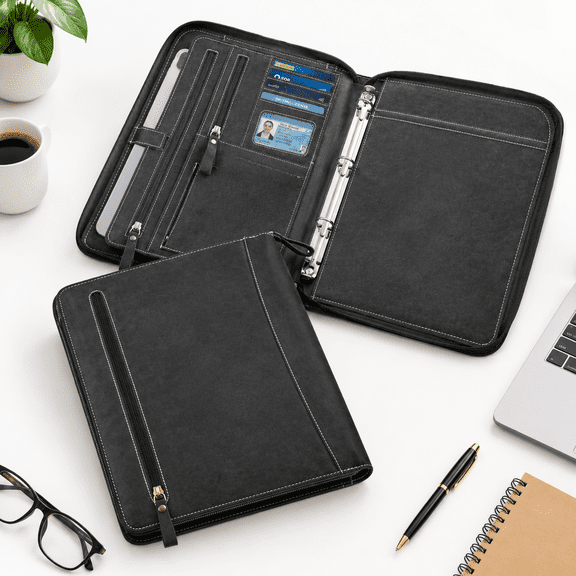 Black Zipper Binder Portfolio with 4-Ring Binder, Distressed Leather Organizer for Documents and Tablets
