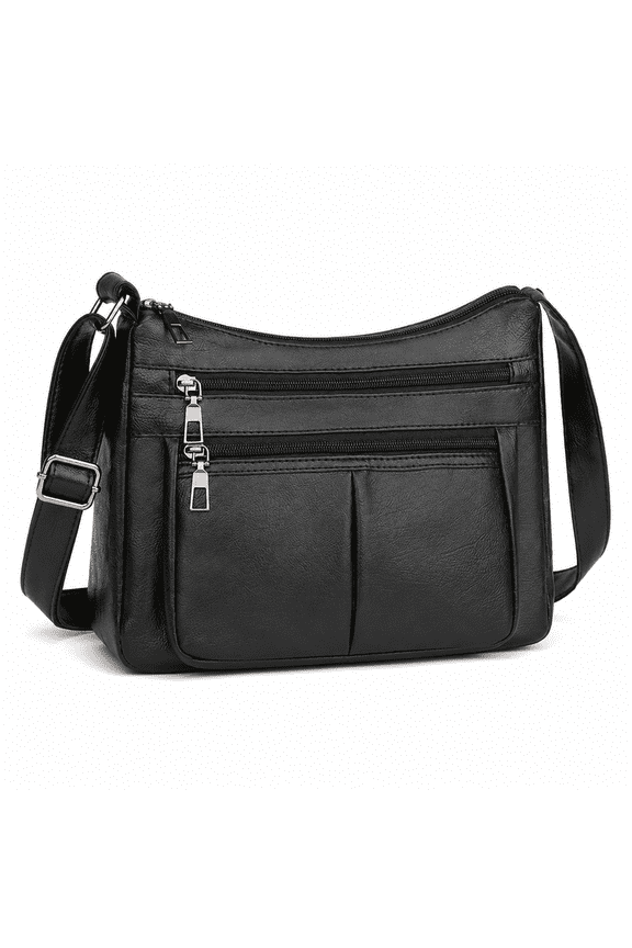 Black Zipper Crossbody Bag With Wide Shoulder Strap Phone Wallet Shoulder Purse Multiple Zipper Pockets Womens Handbag Faux Leather Black Color