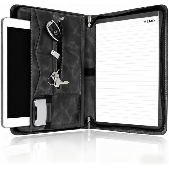 Black Zipper Leather Notepad Podfolio for Men, Padfolio with Clipboard, Clipfolio with Notepad and Pocket, Organizer for Documents, iPad, Tablet, Notebook, Business Binder for Women (No Ring Binder)