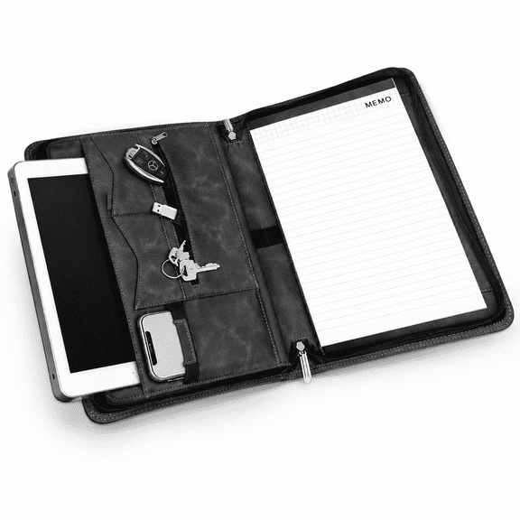 Black Zipper Leather Padfolio With Clipboard, Pocket Organizer, And Tablet Sleeve