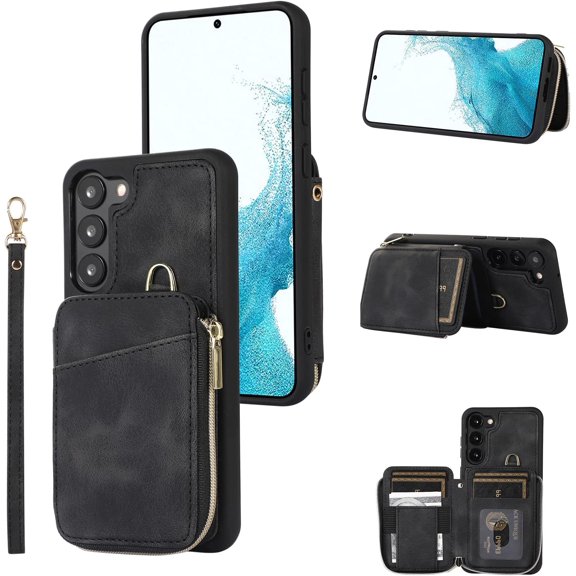 Black Zipper Wallet Case for Samsung Galaxy S23 5G with Crossbody Lanyard,Large Capacity Purse Cover with Wrist Strap for Women and Men,PU Leather Handbag Phone Cover with Card Holder