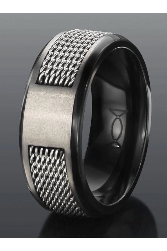 Black Zirconium Men’s Ring with Silver Steel Net Wire – Lightweight & Modern Hypoallergenic Band