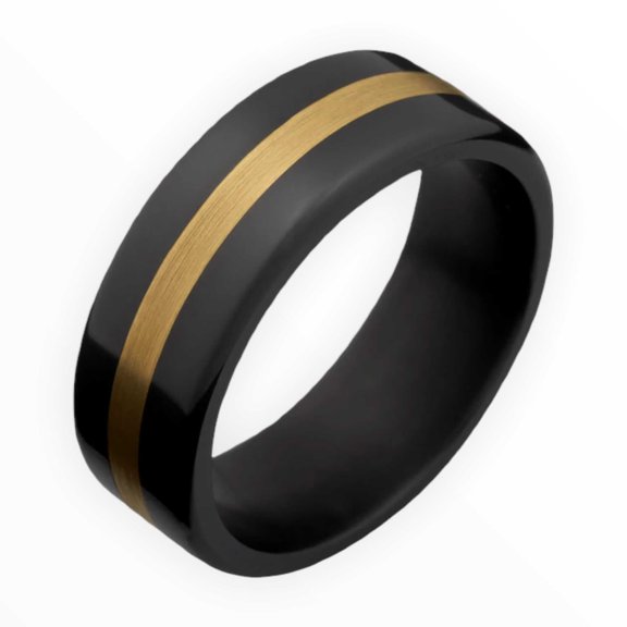 Black Zirconium Men’s Wedding Band | 14k Gold Inlay | High Gloss Finish | 6mm 7mm or 8mm Comfort Fit Men's Engagement Ring | Lifetime Warranty
