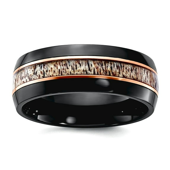 Black Zirconium Polished Rose Ip Plated With Antler Inlay 8mm Band Size 10 Ring for Women and Men