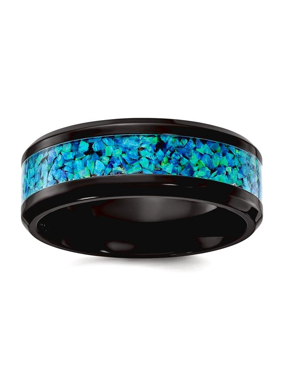 Black Zirconium Polished With Blue Simulated Opal Inlay 8.00mm Band Size 9.5 Ring for Women and Men