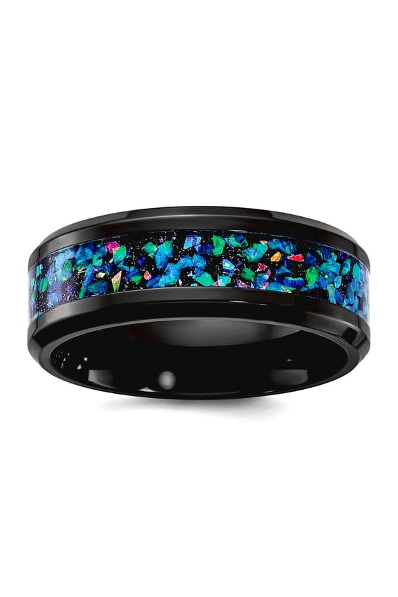 Black Zirconium Polished With Simulated Opal Inlay 8mm Band Size 10.5 Ring for Women and Men