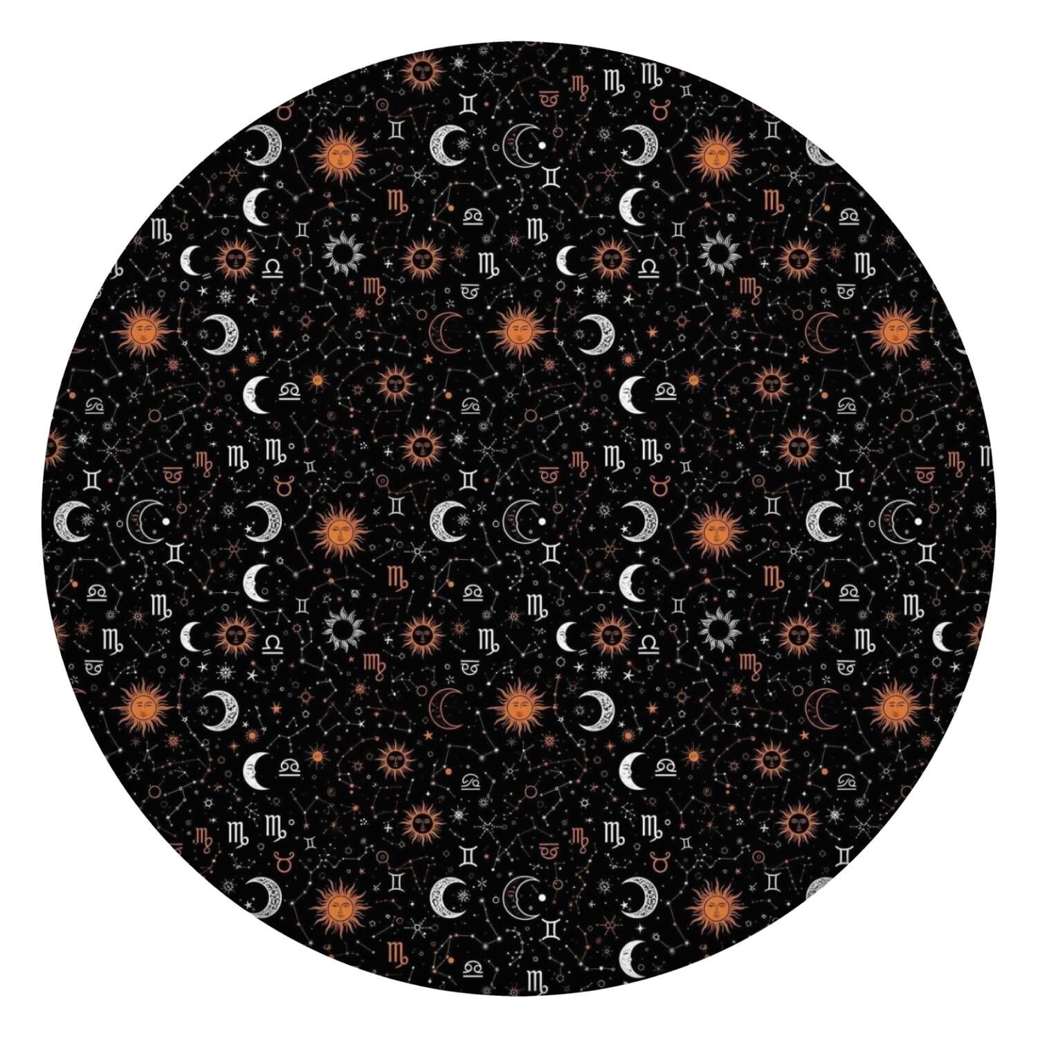 Black Zodiac Sun Moon Star Pattern Round Fitted Tablecloth with Elastic ...