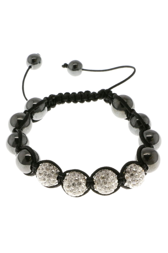 Black adjustable Strap Bracelet with rhodium and white shamballa beads with rhinestone accents 48B9258