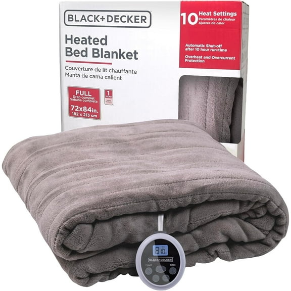 BLACK+DECKER Heated Blanket Electric Full, 10 Heating Levels, 10H Timer, Auto Shutoff, 72x84 inches, Grey