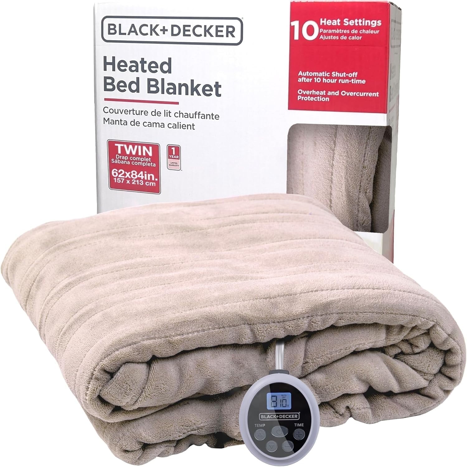 BLACK+DECKER Heated Blanket Electric Twin, 10 Heating Levels, 10H Timer, Auto Shutoff, 62x84 inches, Cream