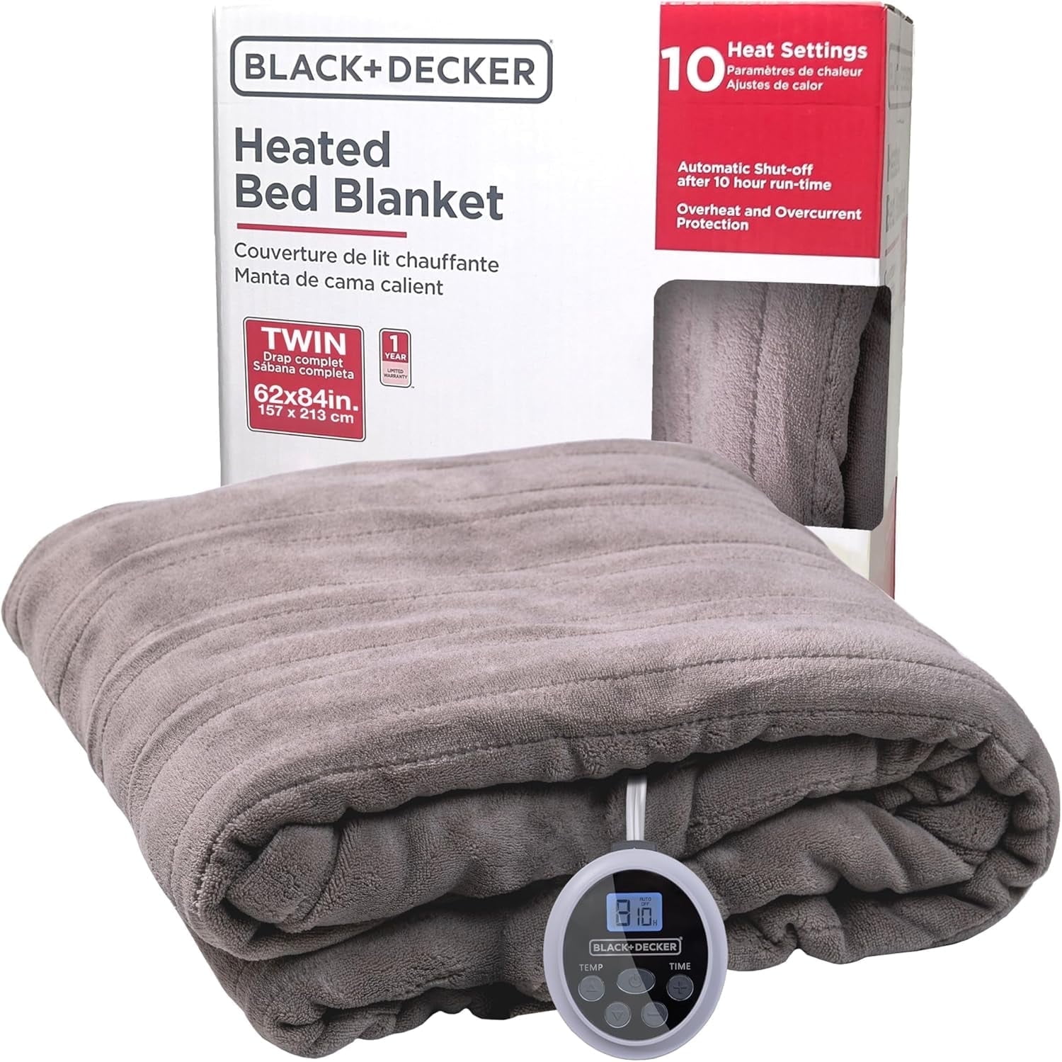 BLACK+DECKER Heated Blanket Electric Twin, 10 Heating Levels, 10H Timer, Auto Shutoff, 62x84 inches, Grey